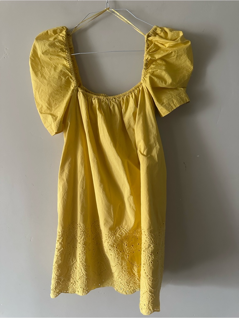 Yellow Puff Sleeve Eyelet women’s mini dress
